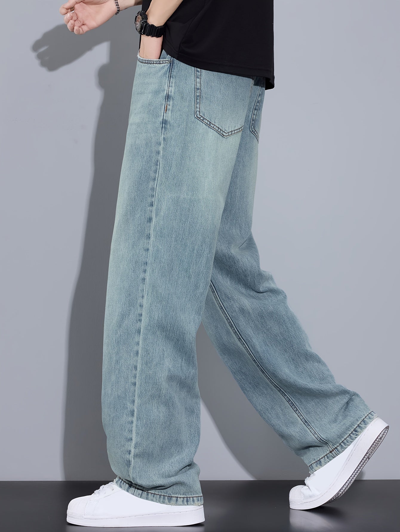 Hong Kong Style Vintage Distressed Youth Literary Light Blue Fashion Easy Men'S Autumn Washed Denim Jeans Casual All-Match Basic Commute Outdoor Leisure Loose Comfortable All-Season Men'S Straight Long Trousers (Kane.Zhang)