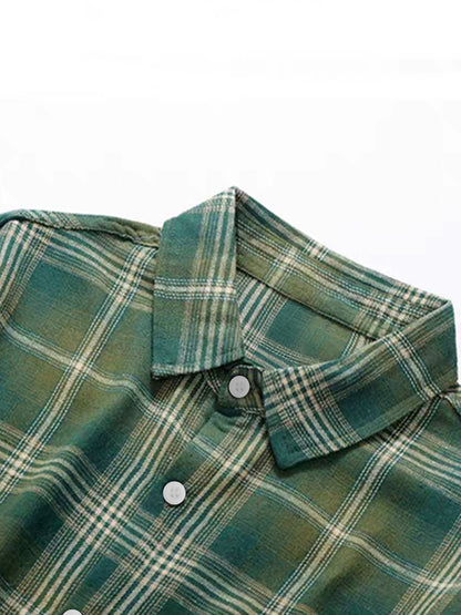 Men's American Vintage Style Green Plaid Short-Sleeve Shirt, Casual Lapel Collar, Trendy Outerwear Plaid Shirt