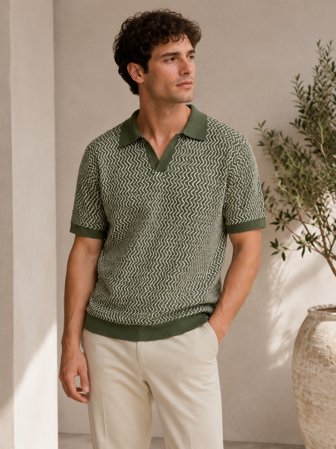 Olive Wave Knit Polo T-Shirt
