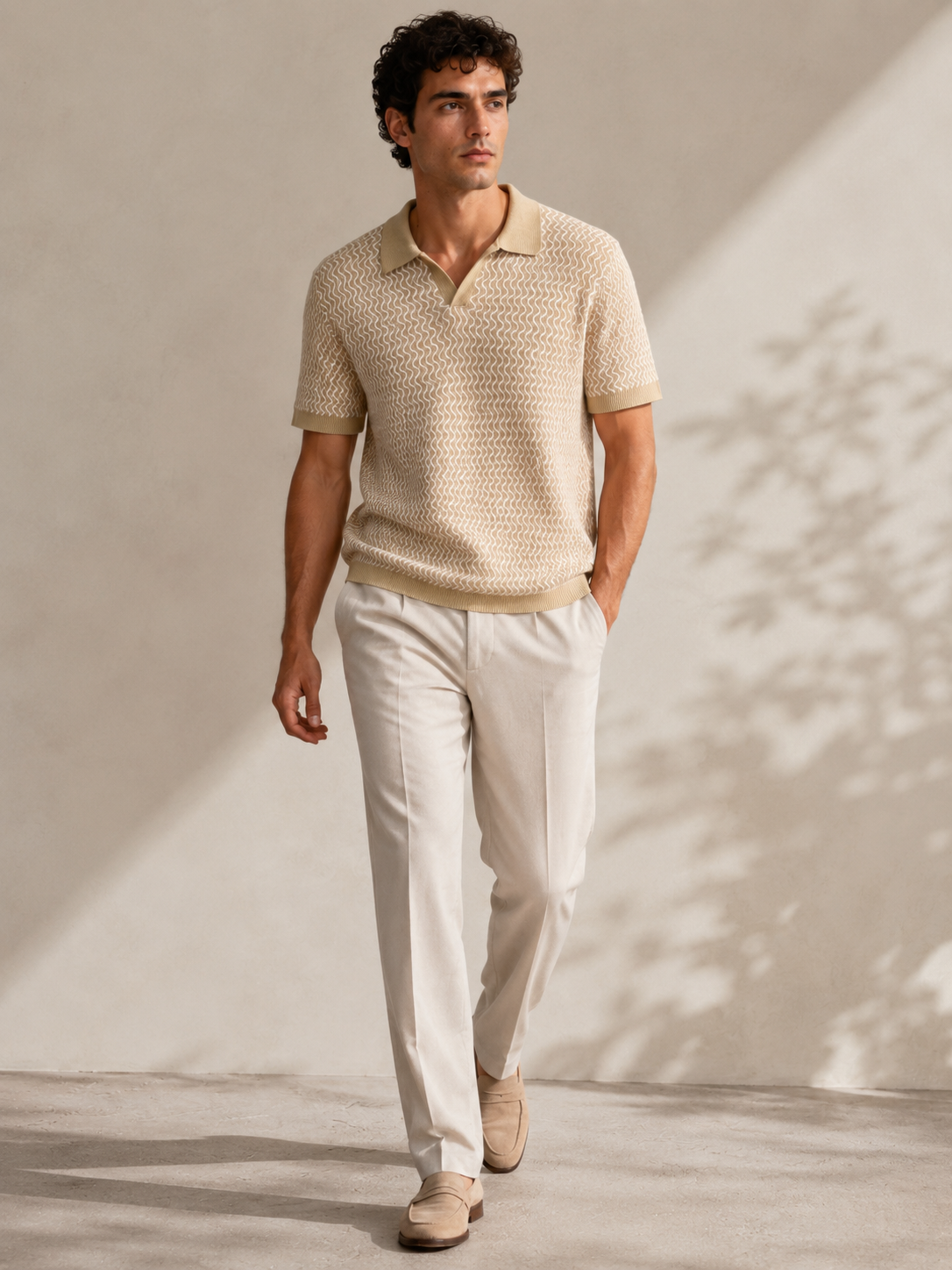 Beige Wave Knit Polo T-Shirt