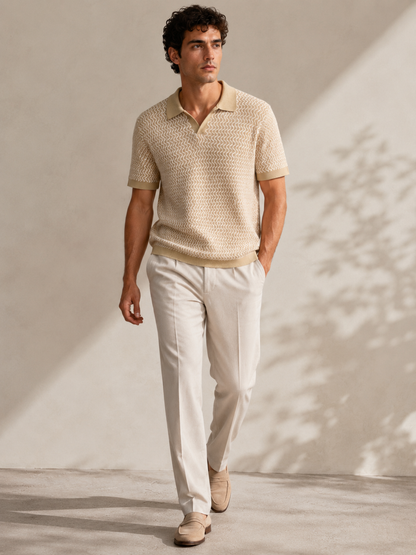 Beige Wave Knit Polo T-Shirt