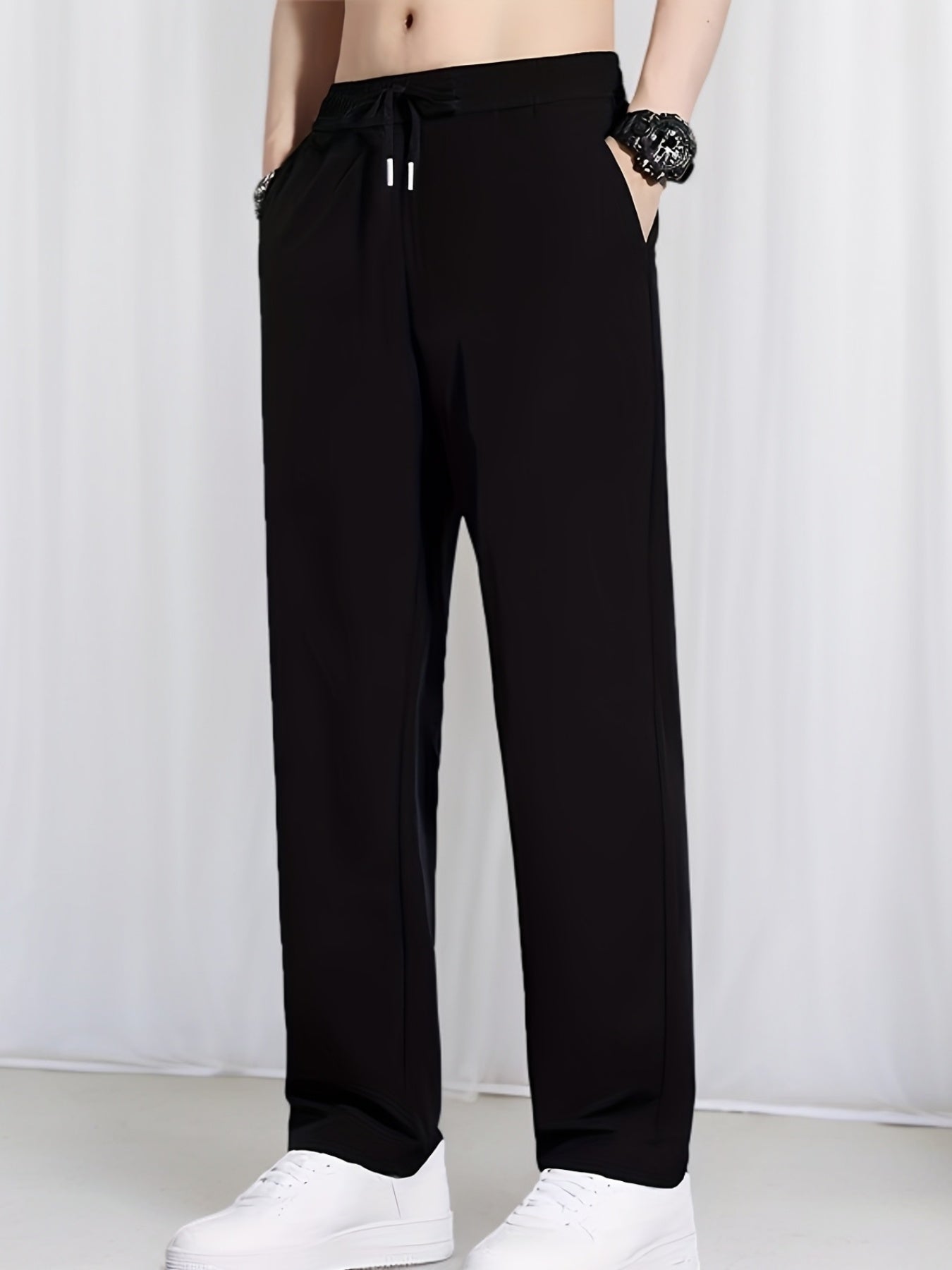 Summer Solid Ice Fiber Fabric Quick-Dry Casual Athletic Outdoor Straight Long Pants Elastic Waistband Drawstring