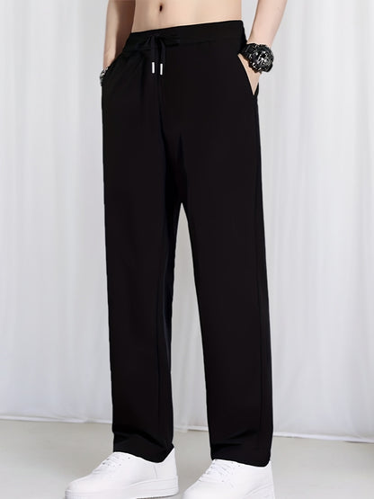 Summer Solid Ice Fiber Fabric Quick-Dry Casual Athletic Outdoor Straight Long Pants Elastic Waistband Drawstring