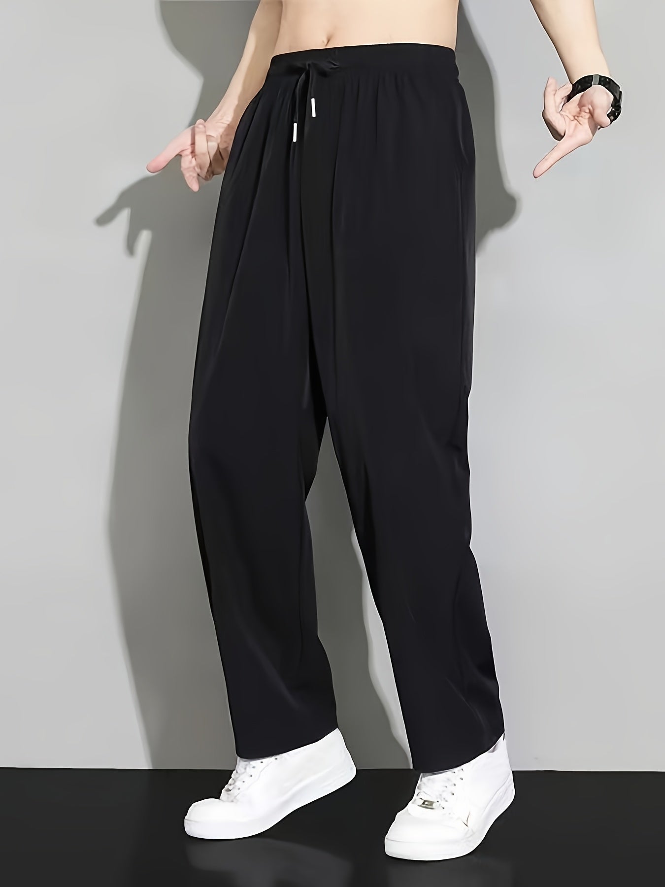 Summer Solid Ice Fiber Fabric Quick-Dry Casual Athletic Outdoor Straight Long Pants Elastic Waistband Drawstring