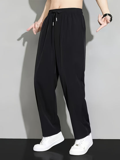 Summer Solid Ice Fiber Fabric Quick-Dry Casual Athletic Outdoor Straight Long Pants Elastic Waistband Drawstring
