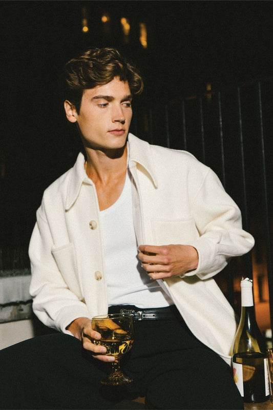 Men's Old Money Velvet Shacket - Off-White Premium Cotton Shirt Jacket with Button Closures and Front Pocket