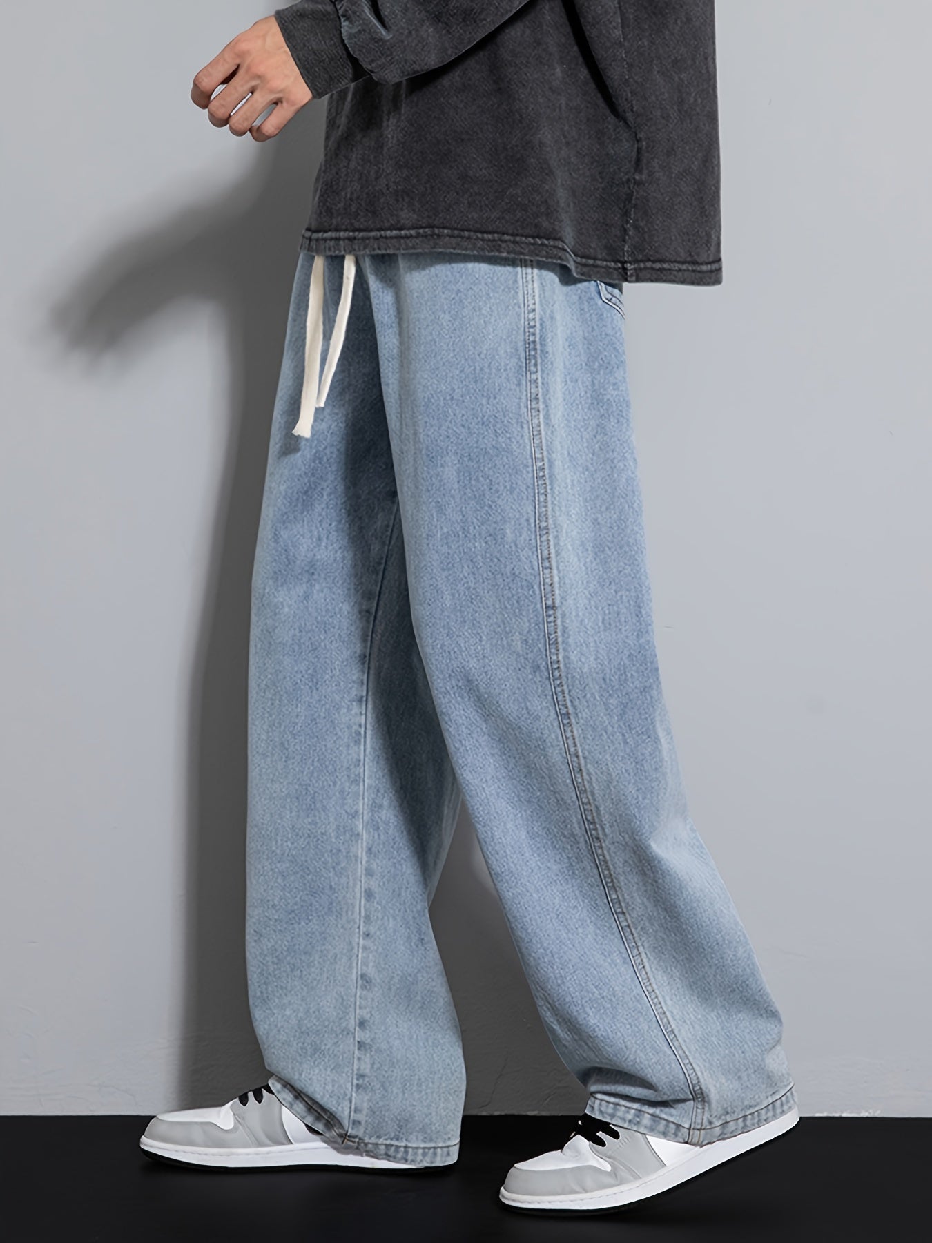 Men's Youth Loose Fit Straight-Leg Wide-Leg Heavy-Duty Washed Elastic Waist Drawstring CQ1110