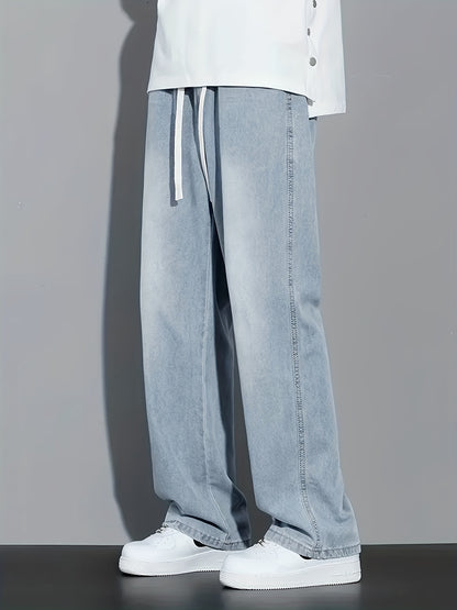 Men's Light Blue Washed Jeans - Non-Stretch Denim Pants with Drawstring Waist, Relaxed Fit for Everyday Streetwear, All-Season Casual Outfits - Teen & Adult Jeans, Comfortable Fashion, Mediumwaist Design