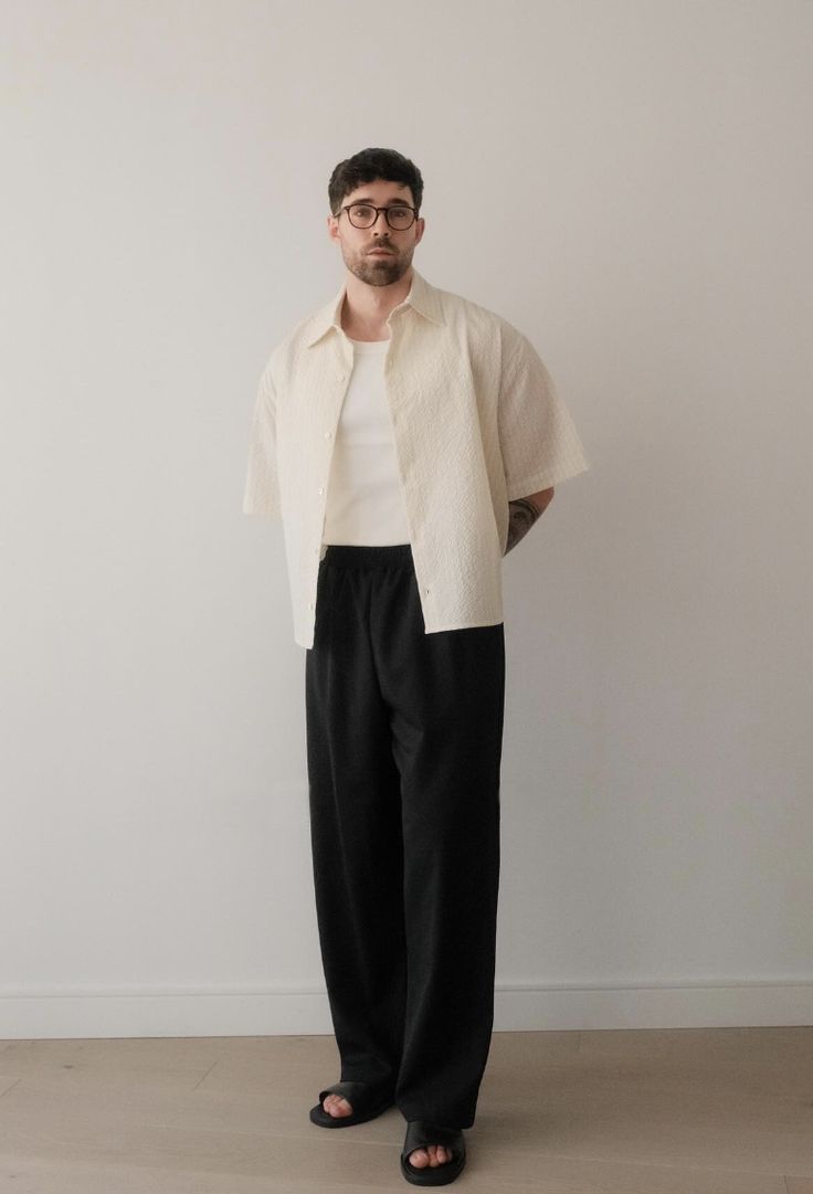 Old Money Cuban Collar Combo - Beige & Black Blended Linen 2-Piece Classic Duo Set Shirt & Pants