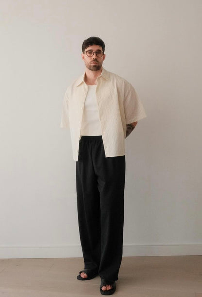 Old Money Cuban Collar Combo - Beige & Black Blended Linen 2-Piece Classic Duo Set Shirt & Pants