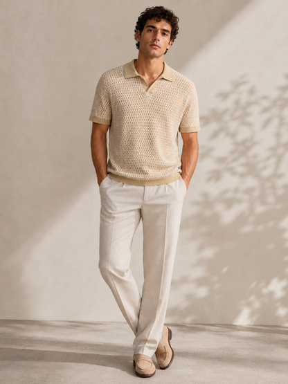 Beige Wave Knit Polo T-Shirt