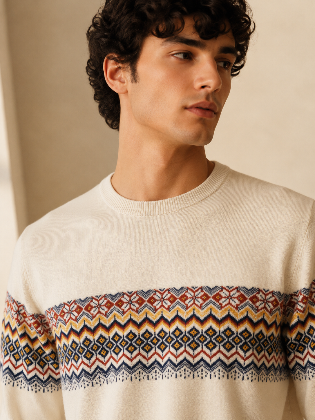 Men's Premium Fair Isle Jacquard Knit Sweater – Off White
