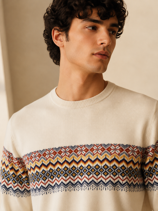 Men's Premium Fair Isle Jacquard Knit Sweater – Off White