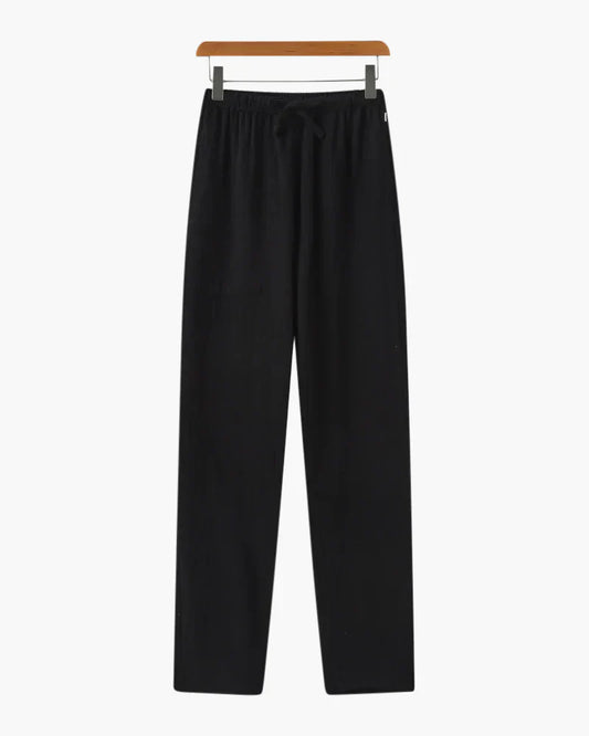 Classic Black Pant 100% Cotton Long Trousers Drawstring Standard Waist Pull-On Casual Fit Striped