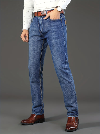 Men'S Classic Solid Color Regular Fit Jeans, Comfortable Stretch Straight Leg Pants for Casual & Business Wear, All-Season Versatile Trousers, Business Casual Attire, Classic Straight Leg, Comfortable Fit