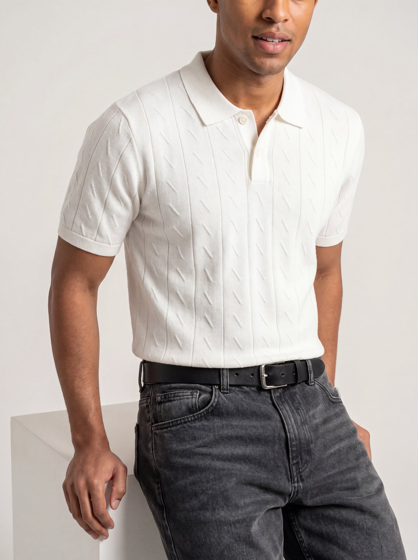 Ivory Textured Knit Polo T-Shirt