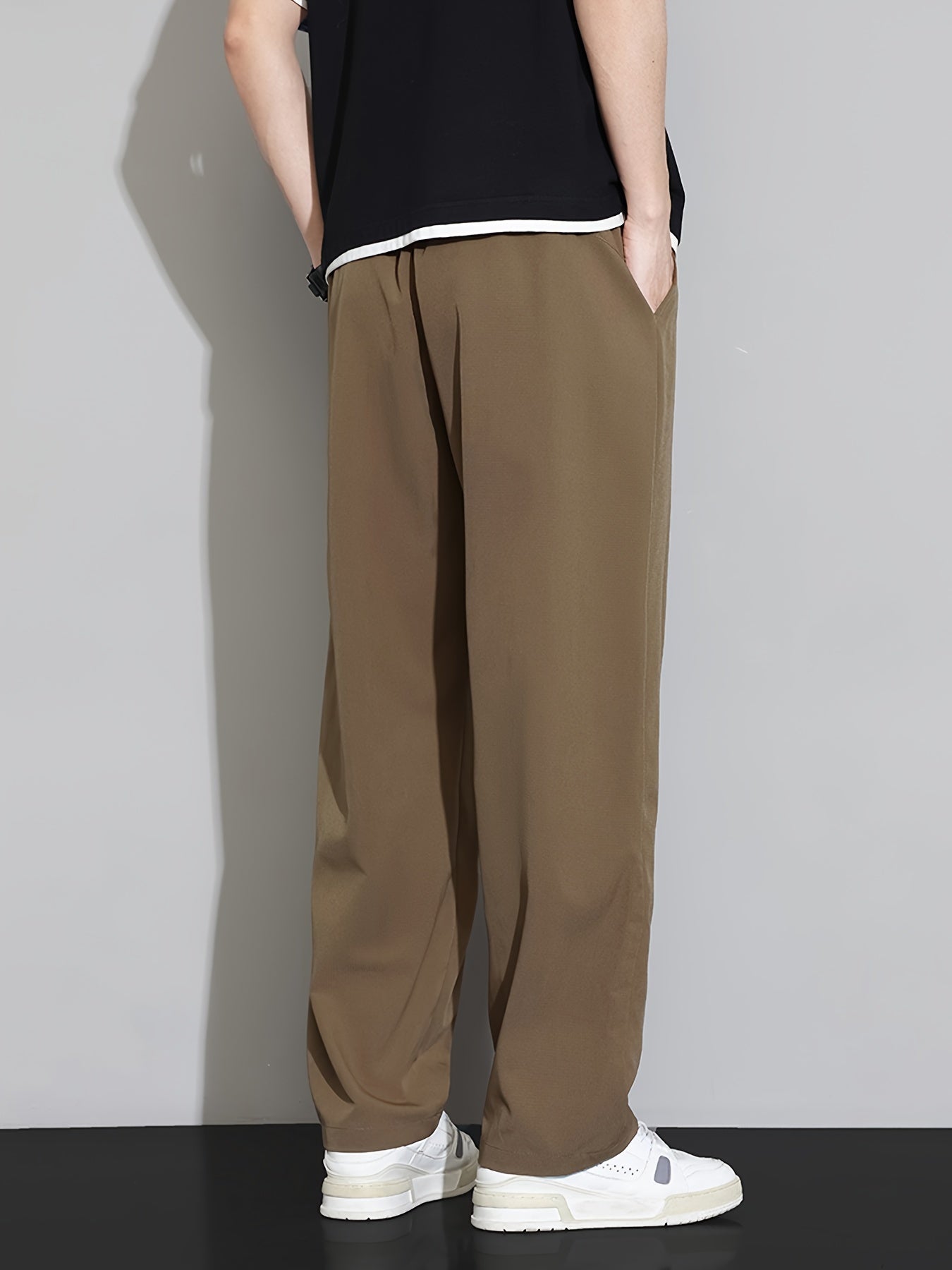 Double-Line Grid Ice Silky Fiber Fabric Wide-Leg Pants for Men, New Summer Style, Trendy Thin Loose Straight-Leg Versatile Casual Draping Trousers