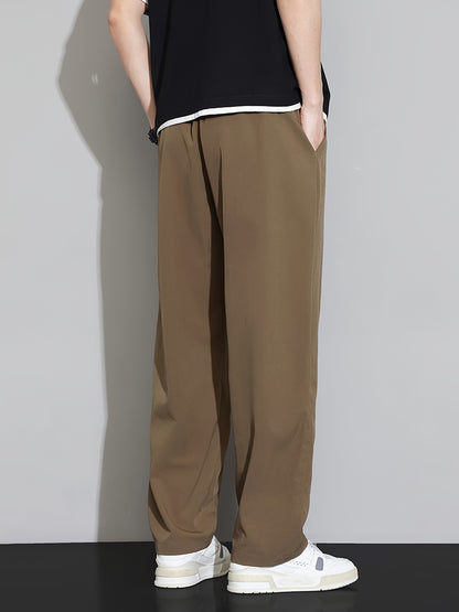 Double-Line Grid Ice Silky Fiber Fabric Wide-Leg Pants for Men, New Summer Style, Trendy Thin Loose Straight-Leg Versatile Casual Draping Trousers