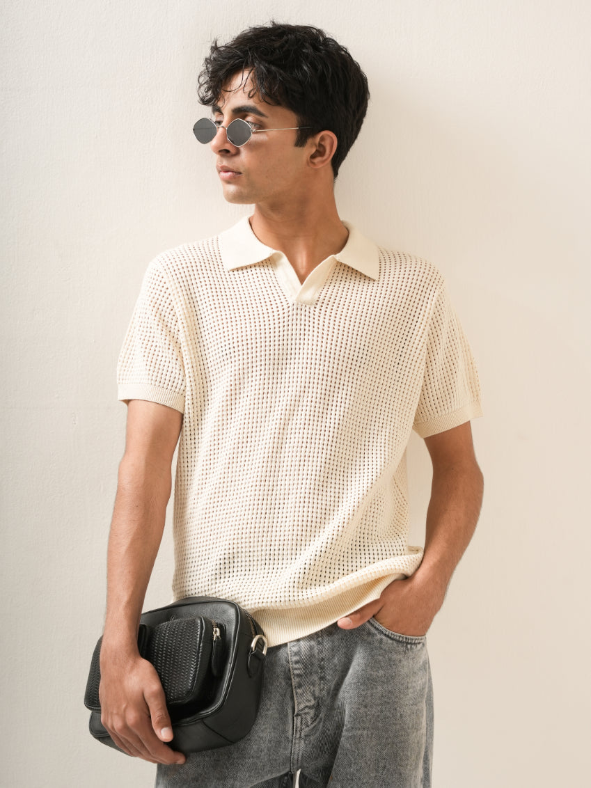 Ivory Waffle Knit Polo T-Shirt