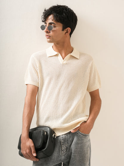 Ivory Waffle Knit Polo T-Shirt