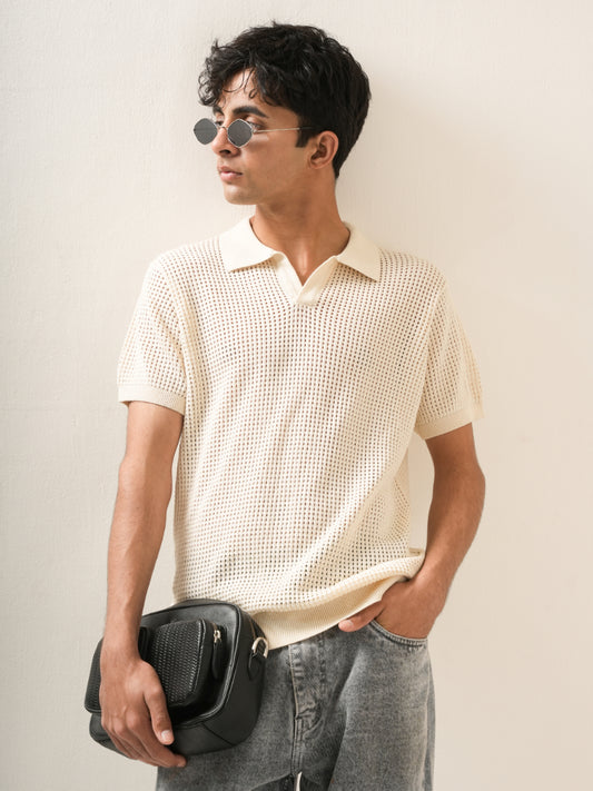 Ivory Waffle Knit Polo T-Shirt