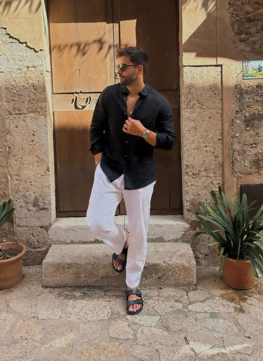 Old Money Black & White Classic Combo - Cotton Linen 2-Piece Duo Set Shirt & Pants