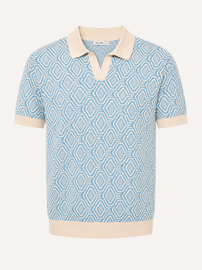 Sky Blue Geo Knit Polo T-Shirt