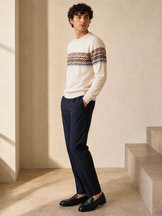 Men's Premium Fair Isle Jacquard Knit Sweater – Off White
