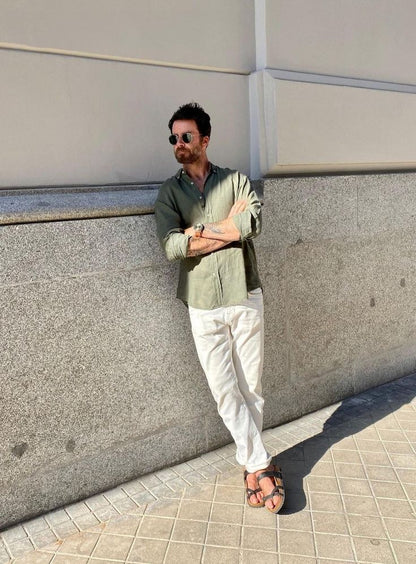 Old Money Olive Classic Shirt and Pants 2-Piece Duo Set - Poly Linen