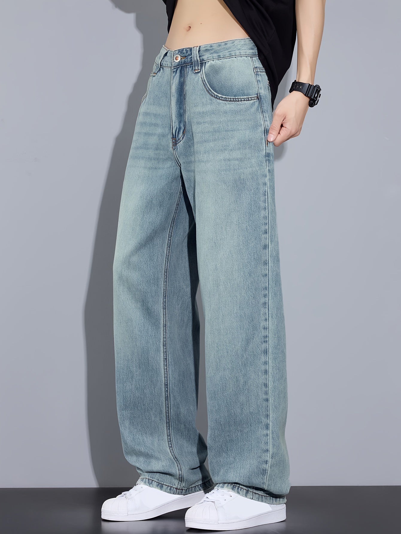 Hong Kong Style Vintage Distressed Youth Literary Light Blue Fashion Easy Men'S Autumn Washed Denim Jeans Casual All-Match Basic Commute Outdoor Leisure Loose Comfortable All-Season Men'S Straight Long Trousers (Kane.Zhang)