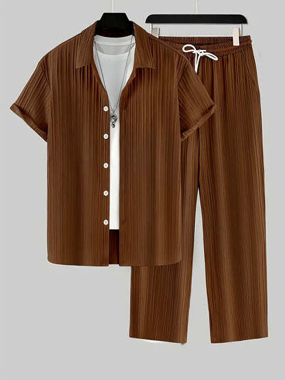 Fashionable Men's 2pcs Set - Button Striped Shirt and Comfortable Drawstring Pants - Casual Outdoor Wear