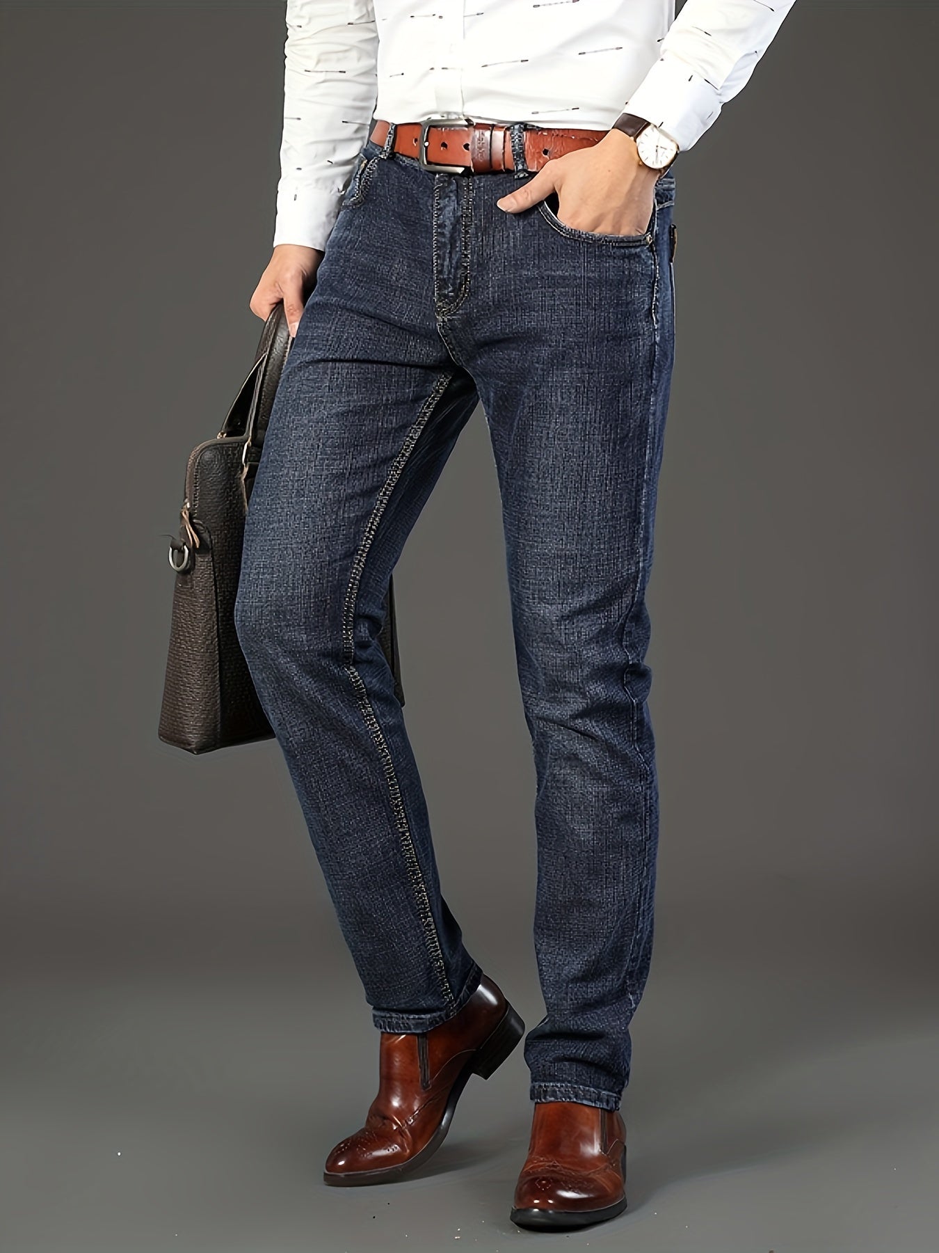 All Seasons New High-End Light Luxury Jeans Men'S Loose Straight Trousers High Waist Mid-Age Men'S Business Thick Versatile Fashion Casual Long Pants Belt-Free