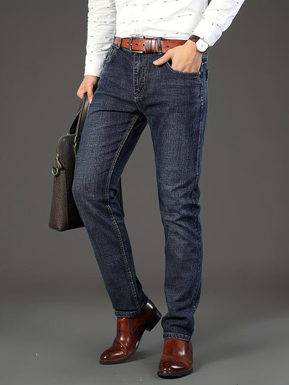 All Seasons New High-End Light Luxury Jeans Men'S Loose Straight Trousers High Waist Mid-Age Men'S Business Thick Versatile Fashion Casual Long Pants Belt-Free