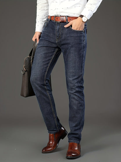 All Seasons New High-End Light Luxury Jeans Men'S Loose Straight Trousers High Waist Mid-Age Men'S Business Thick Versatile Fashion Casual Long Pants Belt-Free