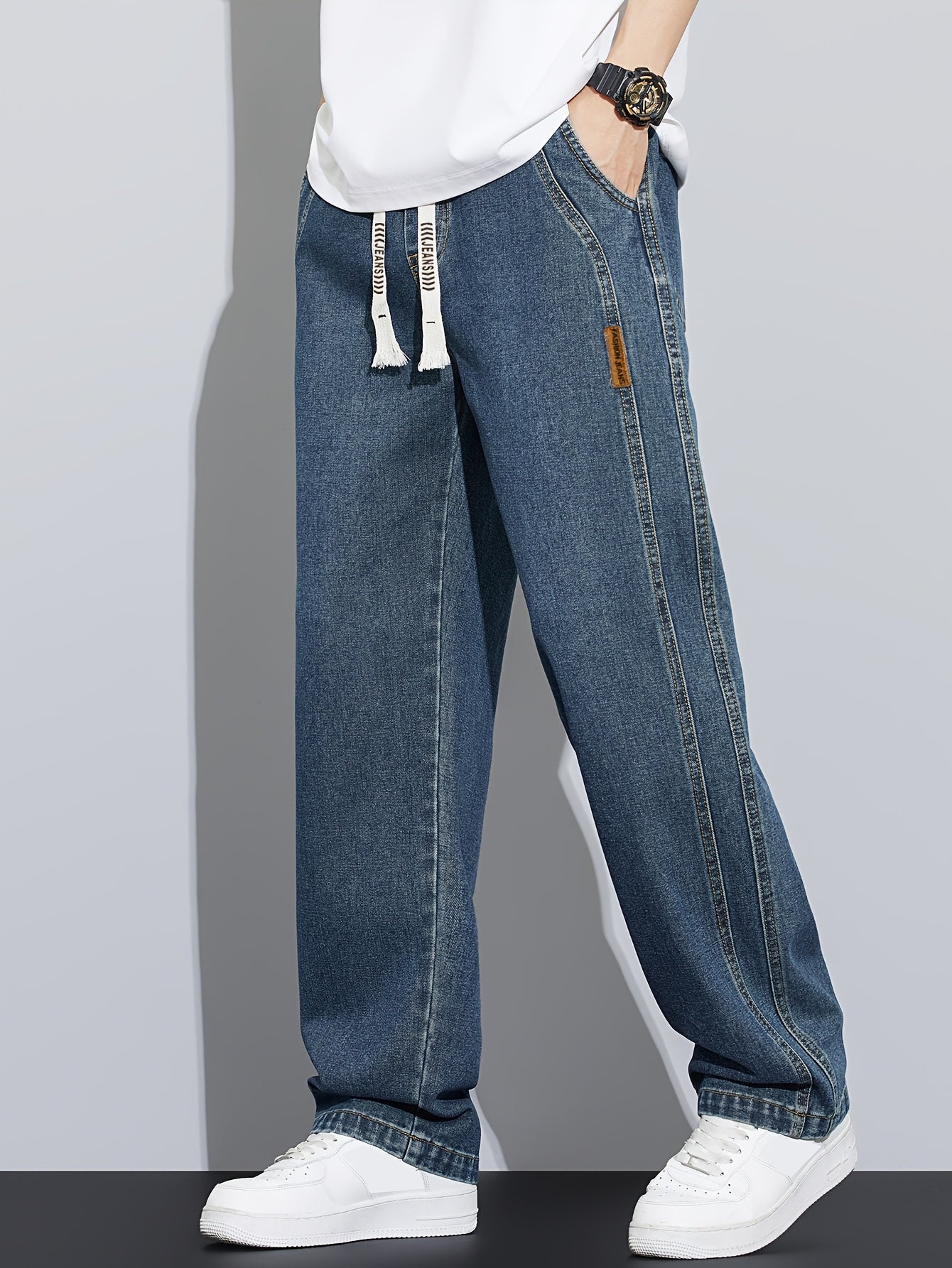 Men's Vintage Washed Blue Jeans - Heavy-Duty Straight-Leg Machine-Washable Pants for Casual, Office, Casual Attire (No-Stretch Non)