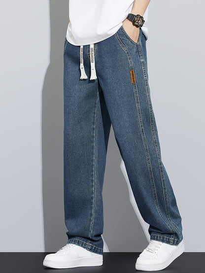Men's Vintage Washed Blue Jeans - Heavy-Duty Straight-Leg Machine-Washable Pants for Casual, Office, Casual Attire (No-Stretch Non)