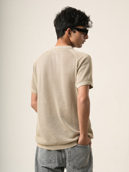 Beige Waffle Knit Polo T-Shirt