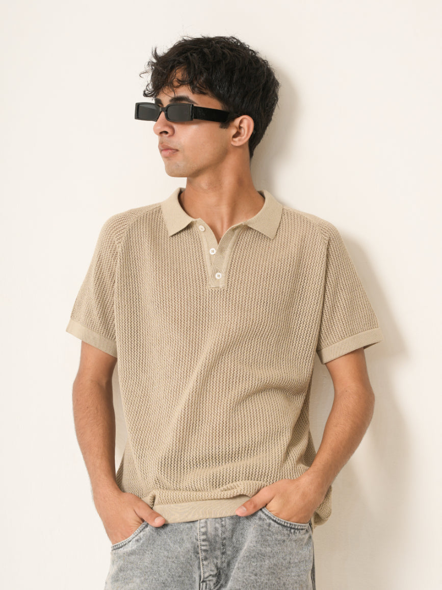 Beige Waffle Knit Polo T-Shirt