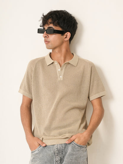 Beige Waffle Knit Polo T-Shirt