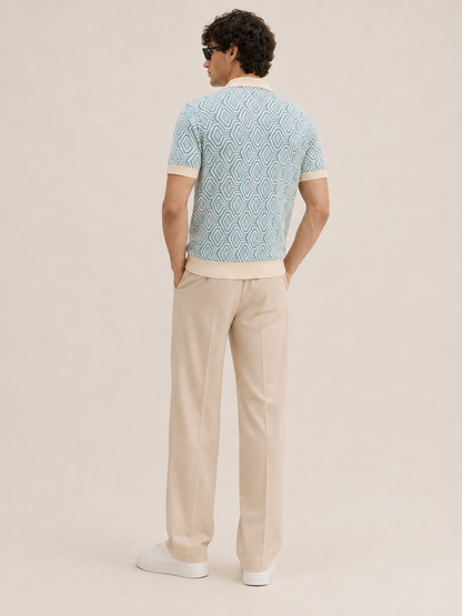 Sky Blue Geo Knit Polo T-Shirt