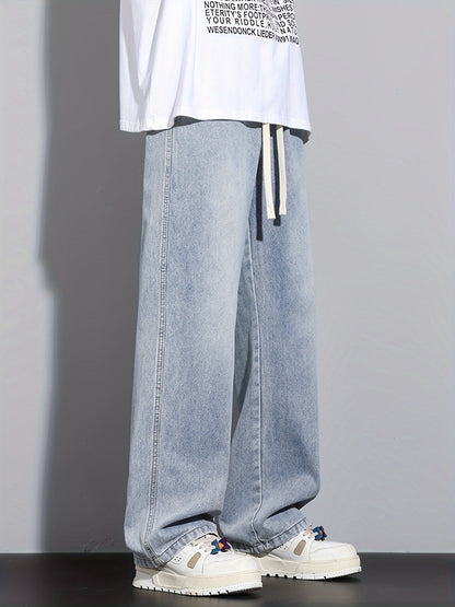 Men's Straight-Leg Relaxed Fit Non-Stretch Elastic Waistband Heavy Wash Salted Cat Whisker Five-Color Choice Jeans YG1133