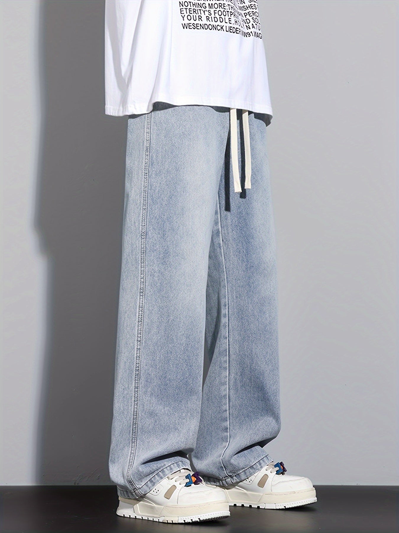 Men's Straight-Leg Relaxed Fit Non-Stretch Elastic Waistband Heavy Wash Salted Cat Whisker Five-Color Choice Jeans YG1133