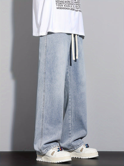 Men's Straight-Leg Relaxed Fit Non-Stretch Elastic Waistband Heavy Wash Salted Cat Whisker Five-Color Choice Jeans YG1133