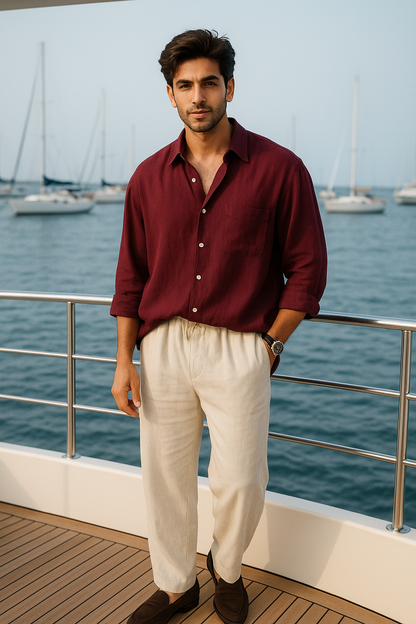Old Money Maroon Classic Shirt and Pants 2-Piece Duo Set - Cotton Linen 100% Cotton