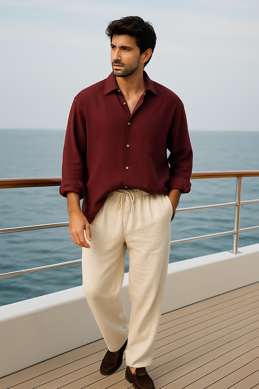 Old Money Maroon Classic Shirt and Pants 2-Piece Duo Set - Cotton Linen 100% Cotton