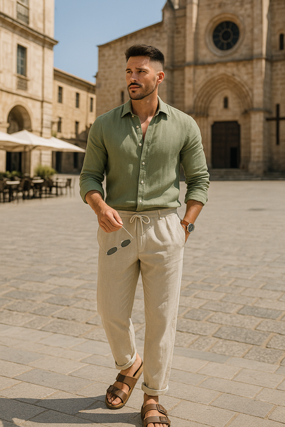 Old Money Olive Classic Shirt and Pants 2-Piece Duo Set - Poly Linen