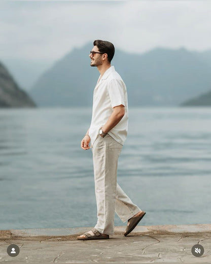 Classic Beige Pant Viscose Cotton Blend Long Trousers Drawstring Standard Waist Pull-On Casual Fit Striped