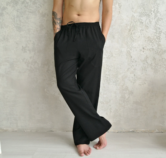 Classic Black Pant 100% Cotton Long Trousers Drawstring Standard Waist Pull-On Casual Fit Striped