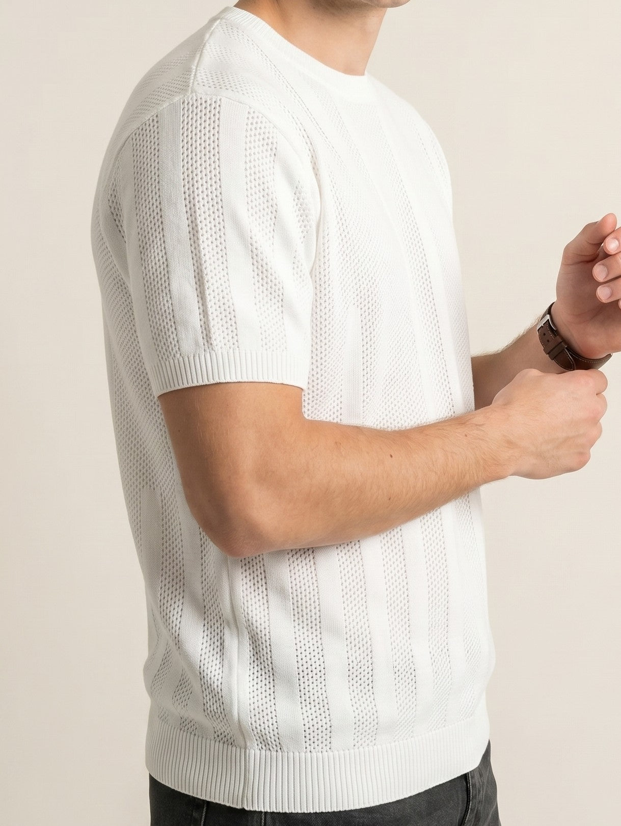 Ivory Textured Stripe Knit T-Shirt