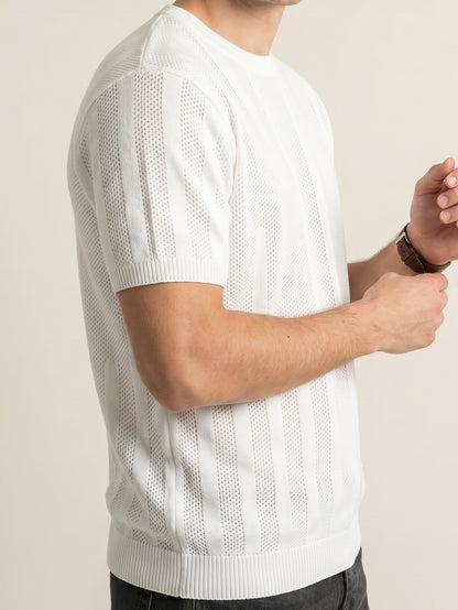 Ivory Textured Stripe Knit T-Shirt